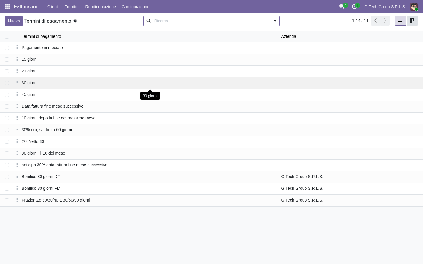 Lista termini di pagamento Odoo 19