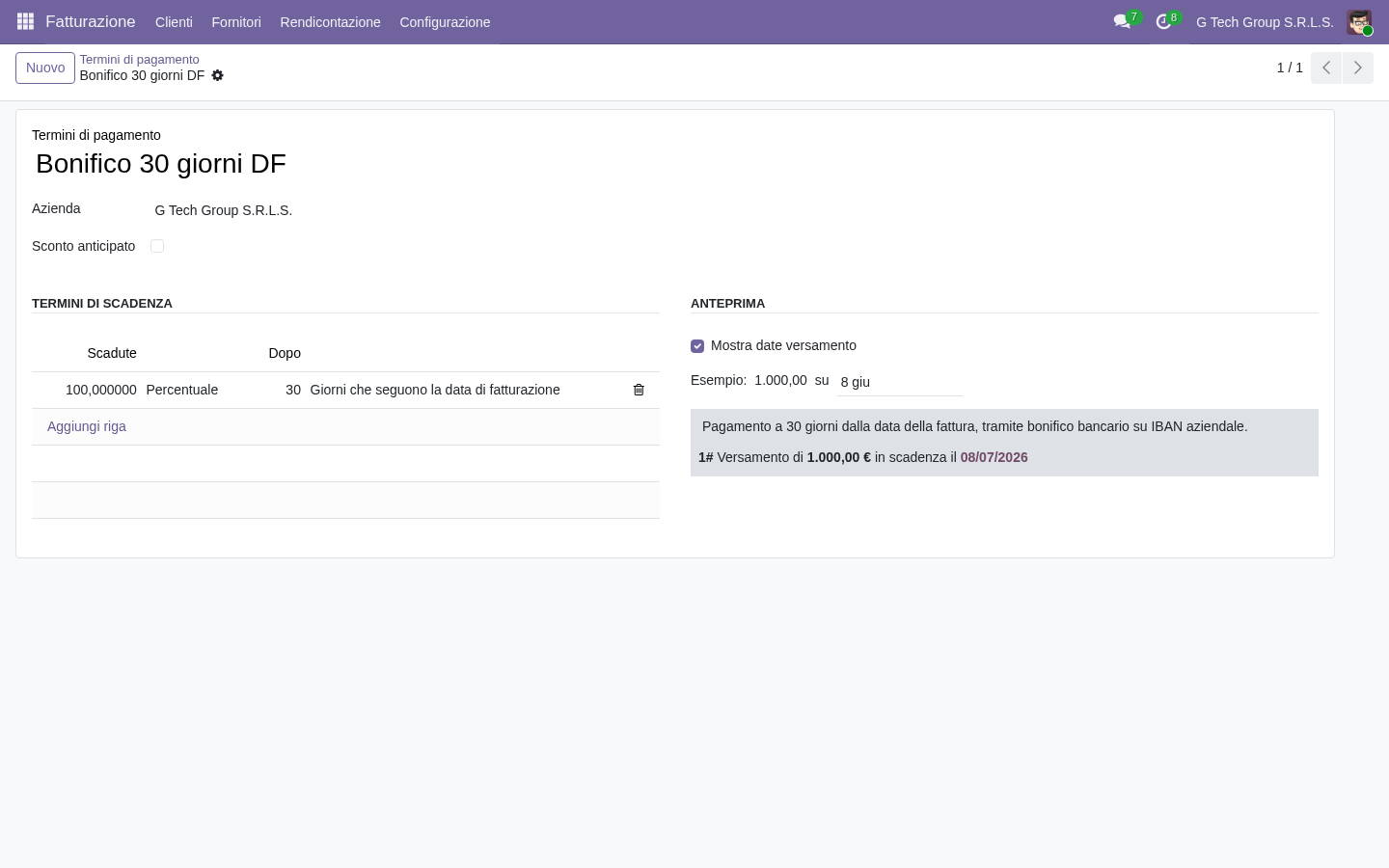 Termine Bonifico 30 giorni DF configurato in Odoo 19