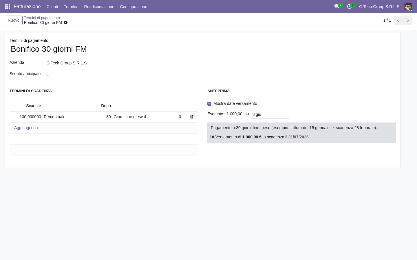 Termine Bonifico 30 giorni FM configurato in Odoo 19