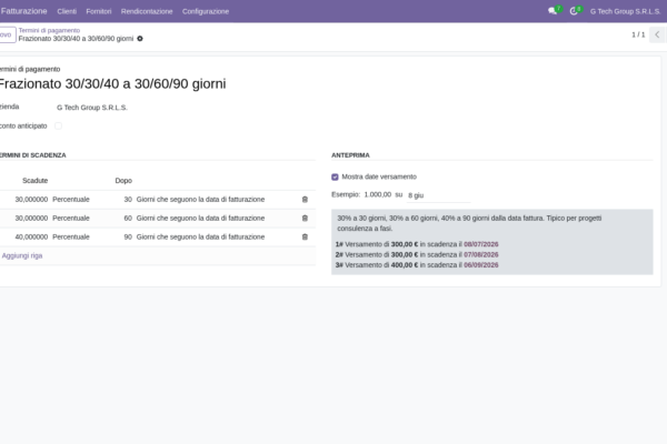 Termini di pagamento personalizzati in Odoo 19: 30 gg DF, FM e frazionati per PMI italiane